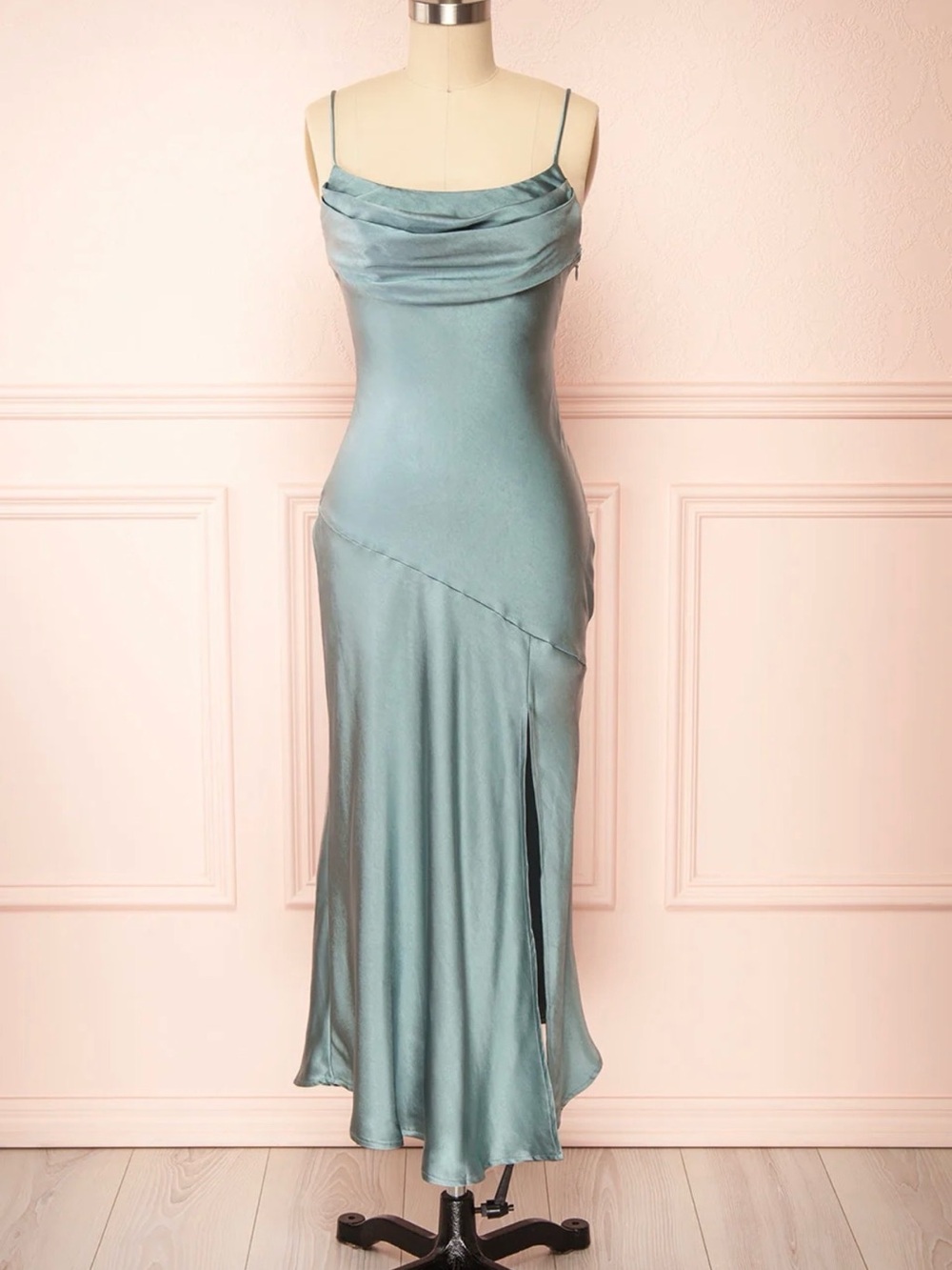 Satin Cowl Midi Dress in Dusty Teal